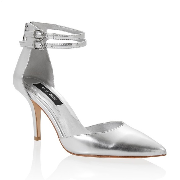 silver metallic pointed heels